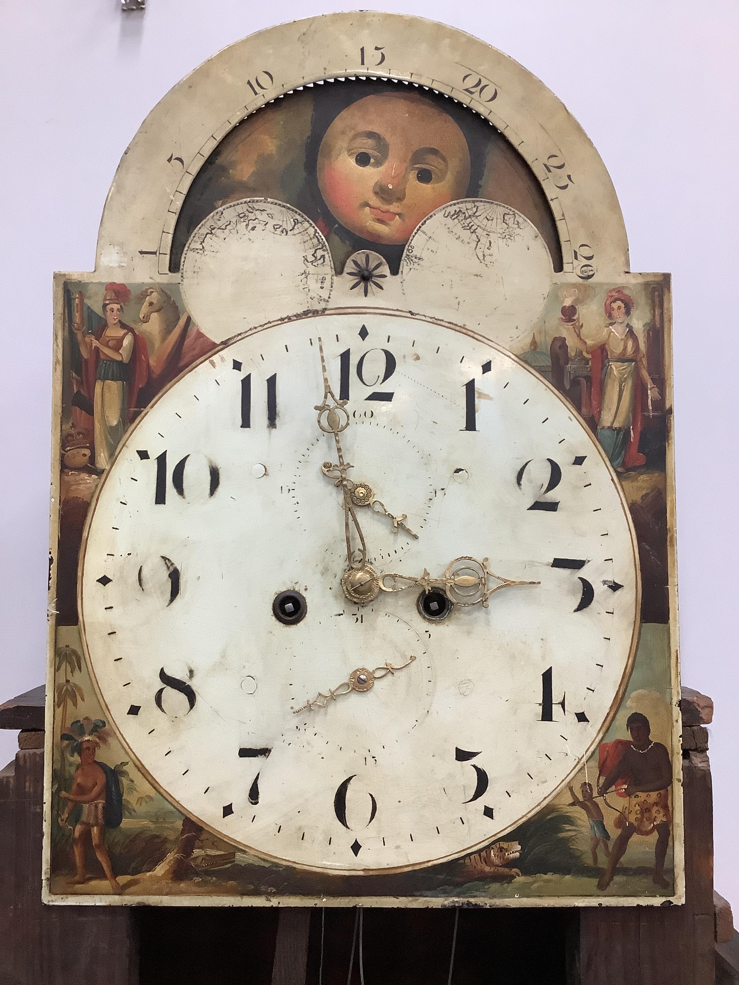 A Victorian mahogany eight day longcase clock with arched painted dial, height 223cm